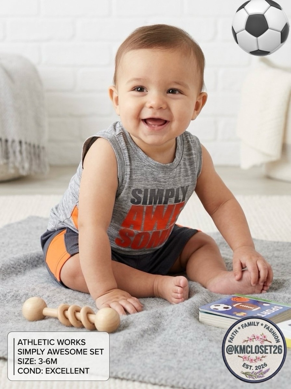 Athletic Works Baby Boys 2-Piece Active Set Tank Top & Shorts 3-6M Gray Orange
